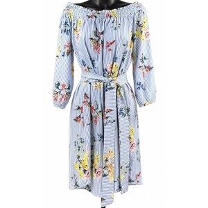 Neiman Marcus Floral Stripe Off Shoulder Dress Size 12 Belted 3/4 Sleeve Blue